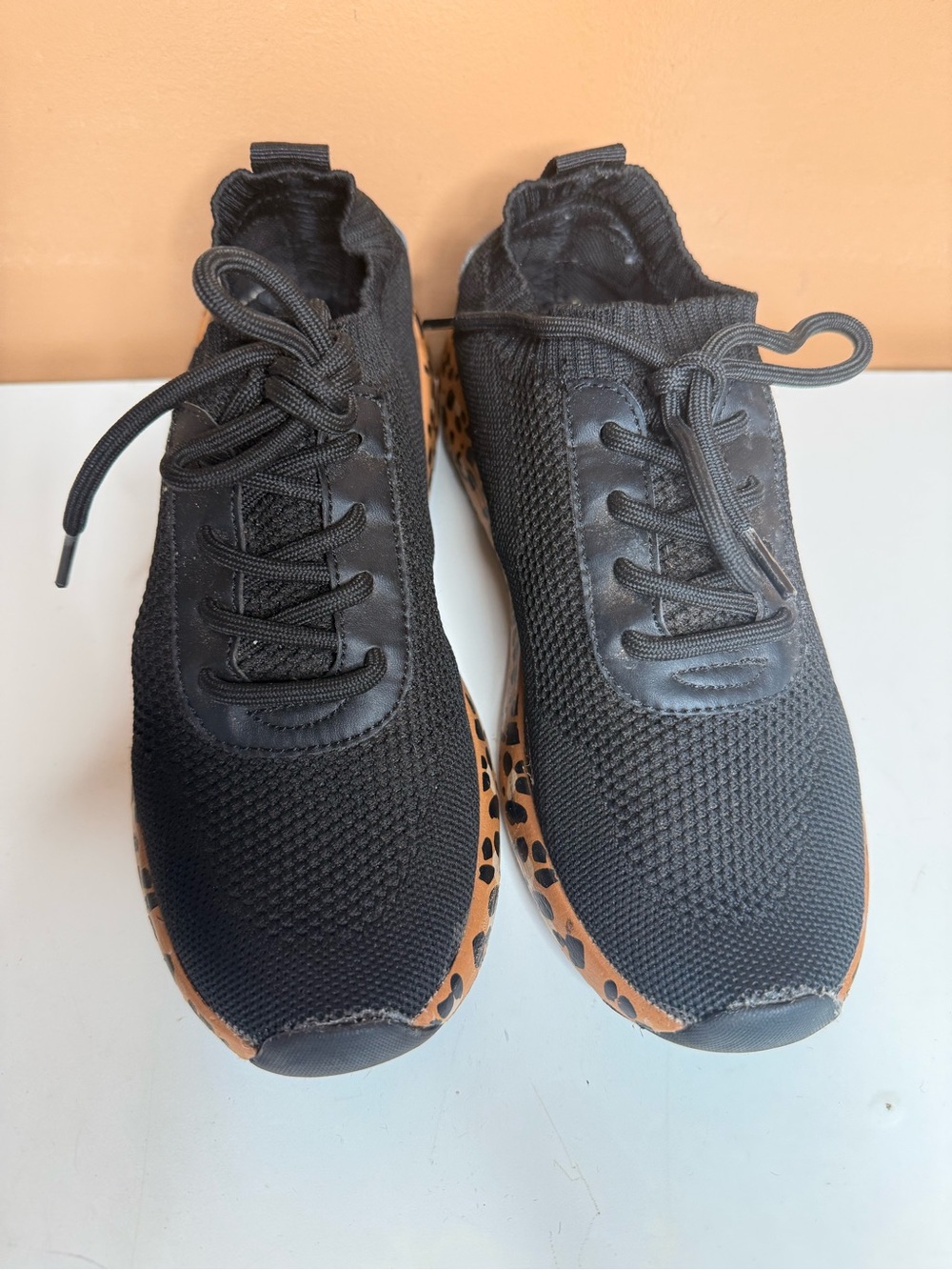 True Craft Black Knit Athletic Sneakers with Leopard-Trim Sole